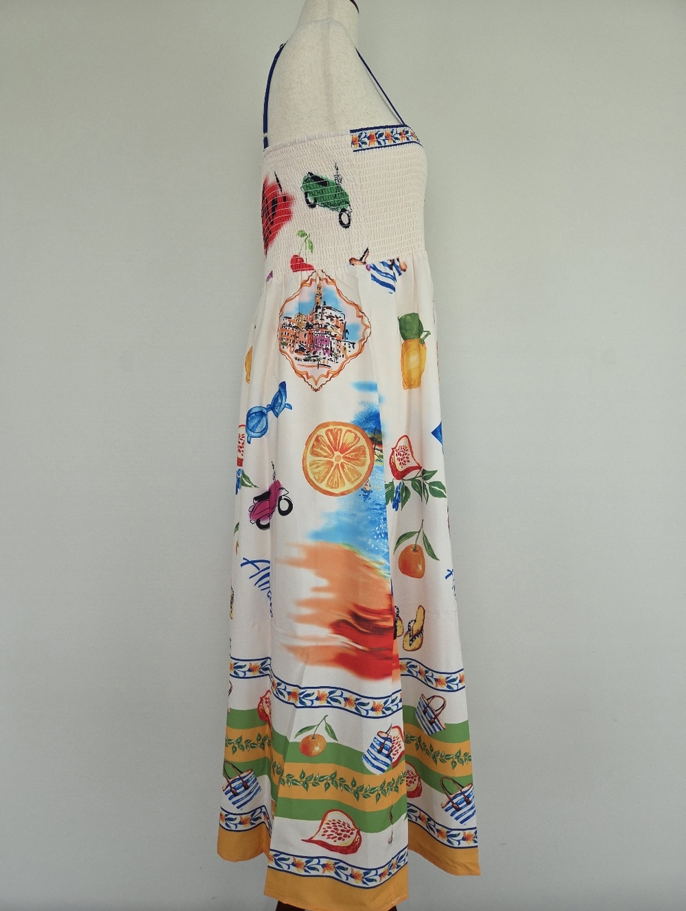Peach Printed Maxi Dress with Smocked Bodice and Blue Straps Size XL - Picture 2 of 9